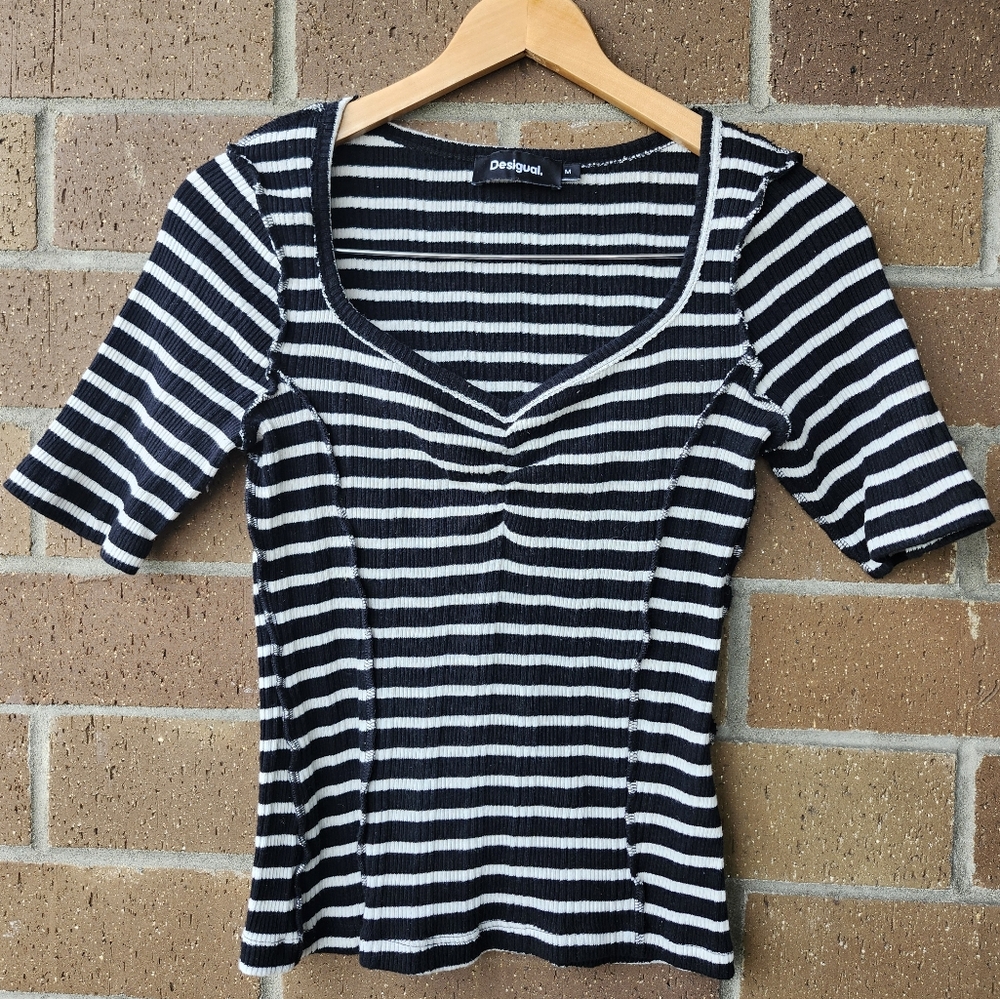 Desigual Black and White Striped Top